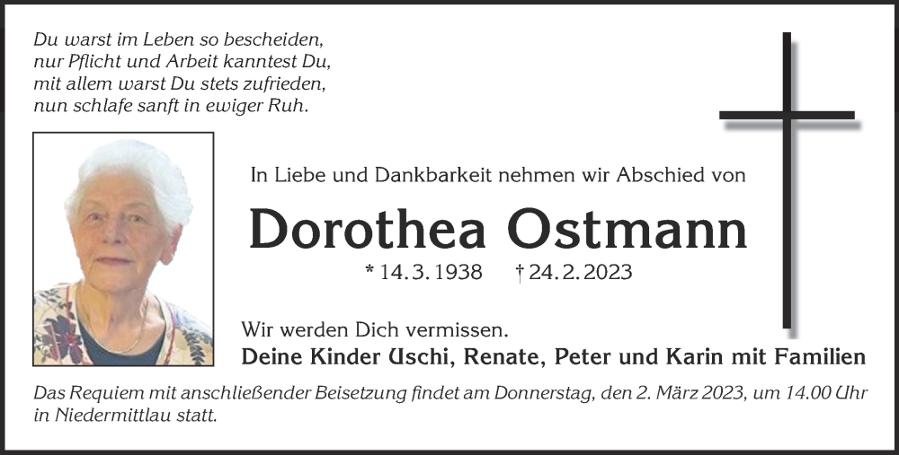  Traueranzeige für Dorothea Ostmann vom 28.02.2023 aus Gelnhäuser Neue Zeitung