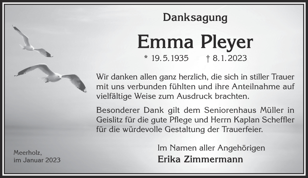  Traueranzeige für Emma Pleyer vom 04.02.2023 aus Mittelhessen-Bote