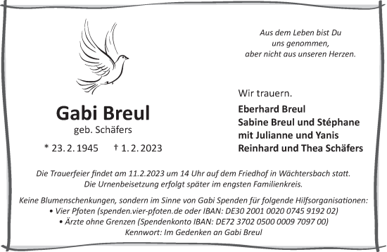 Traueranzeige von Gabi Breul von Gelnhäuser Neue Zeitung