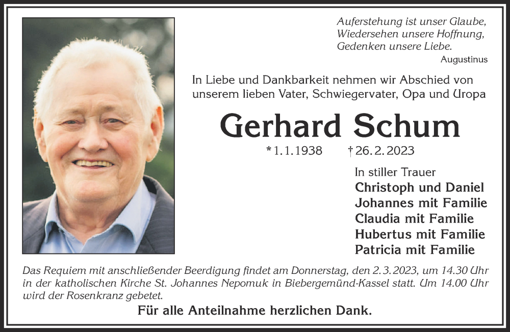  Traueranzeige für Gerhard Schum vom 28.02.2023 aus Gelnhäuser Neue Zeitung