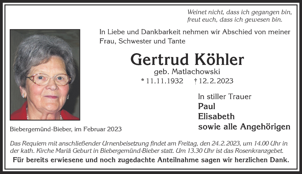  Traueranzeige für Gertrud Köhler vom 18.02.2023 aus Gelnhäuser Neue Zeitung