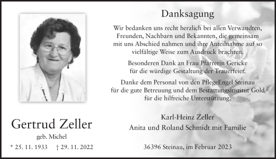 Traueranzeige von Gertrud Zeller von Gelnhäuser Neue Zeitung