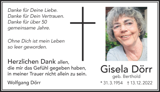 Traueranzeige von Gisela Dörr von Gelnhäuser Neue Zeitung
