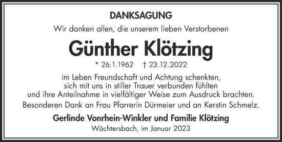 Traueranzeige von Günther Klötzing von Gelnhäuser Neue Zeitung