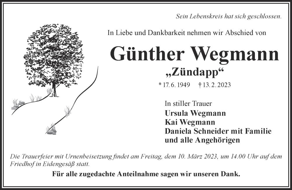  Traueranzeige für Günther Wegmann vom 25.02.2023 aus Gelnhäuser Neue Zeitung