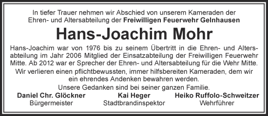Traueranzeige von Hans-Joachim Mohr von Gelnhäuser Neue Zeitung