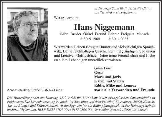 Traueranzeige von Hans Niggemann von Gelnhäuser Neue Zeitung