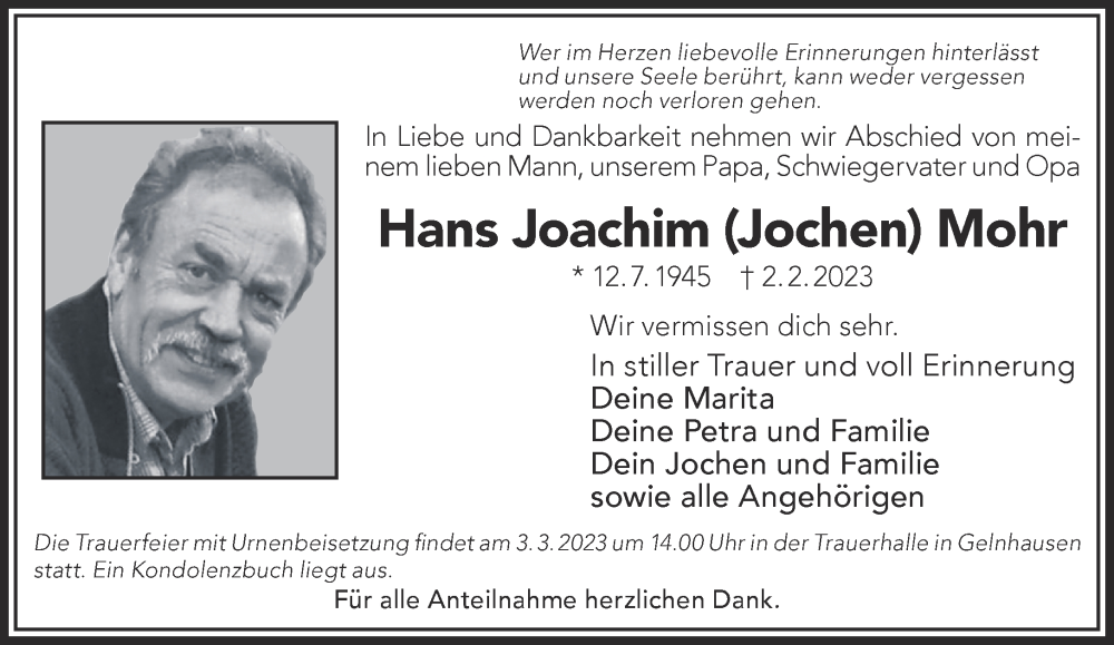  Traueranzeige für Hans Joachim Mohr vom 18.02.2023 aus Gelnhäuser Neue Zeitung