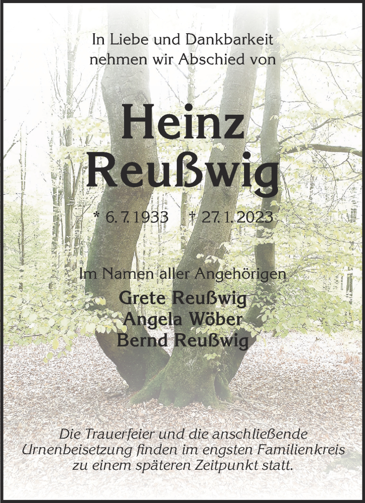  Traueranzeige für Heinz Reußwig vom 04.02.2023 aus Mittelhessen-Bote
