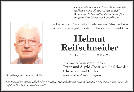 Traueranzeige von Helmut Reifschneider von Gelnhäuser Neue Zeitung
