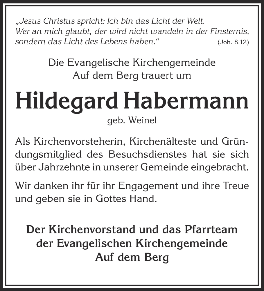  Traueranzeige für Hildegard Habermann vom 11.02.2023 aus Mittelhessen-Bote