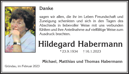 Traueranzeige von Hildegard Habermann von Gelnhäuser Neue Zeitung