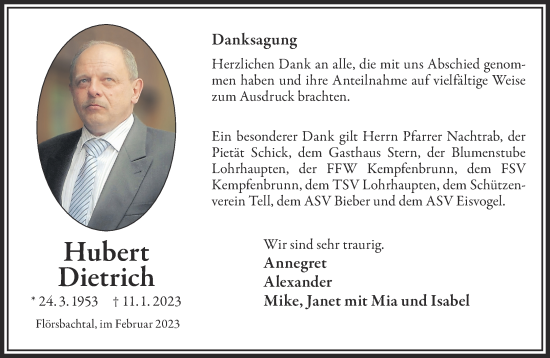 Traueranzeige von Hubert Dietrich von Gelnhäuser Neue Zeitung