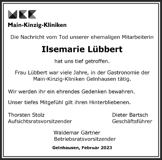 Traueranzeige von Ilsemarie Lübbert von Mittelhessen-Bote