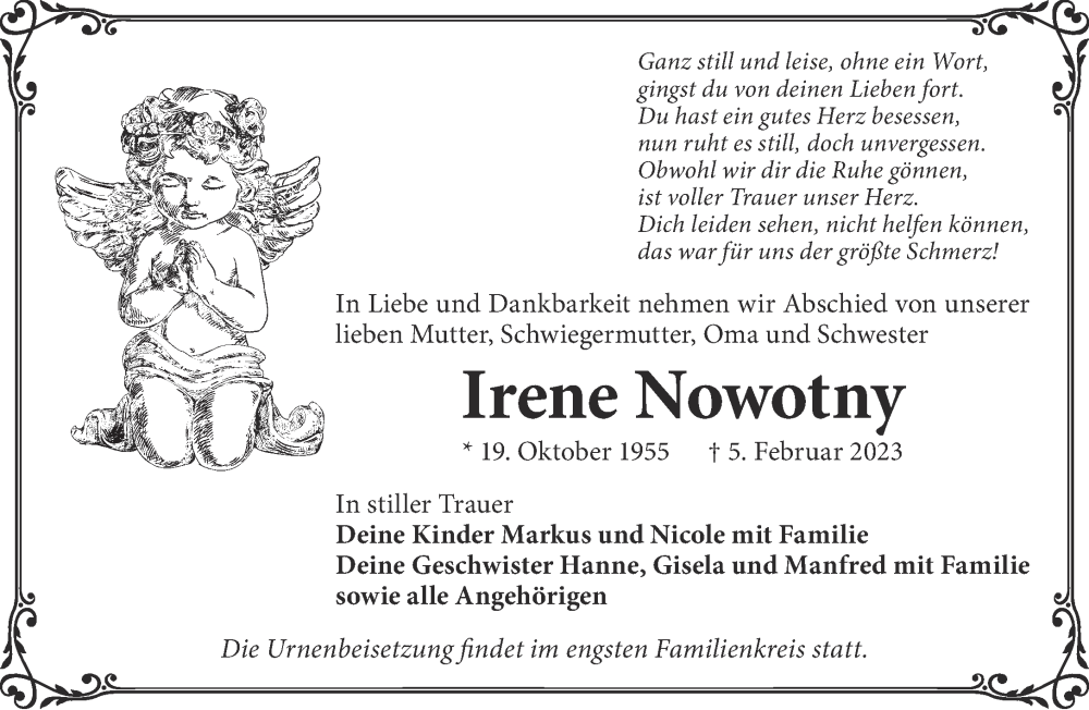  Traueranzeige für Irene Nowotny vom 11.02.2023 aus Gelnhäuser Neue Zeitung