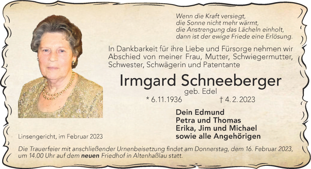  Traueranzeige für Irmgard Schneeberger vom 11.02.2023 aus Mittelhessen-Bote