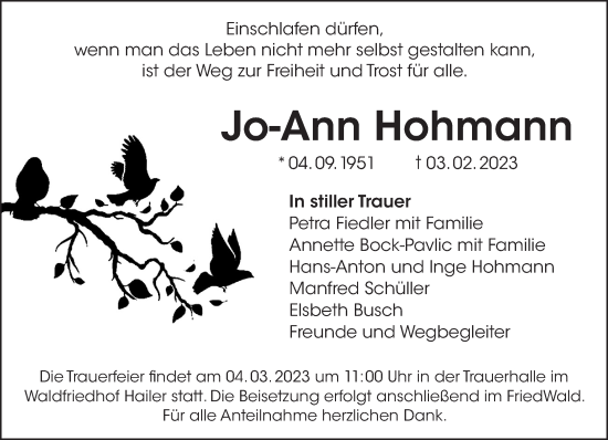 Traueranzeige von Jo-Ann Hohmann von Gelnhäuser Neue Zeitung