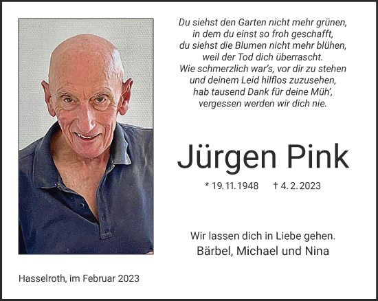 Traueranzeige von Jürgen Pink von Gelnhäuser Neue Zeitung