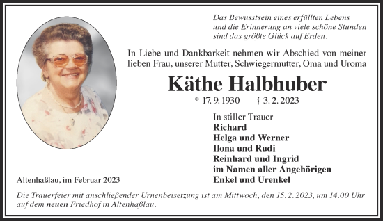 Traueranzeige von Käthe Halbhuber von Gelnhäuser Neue Zeitung