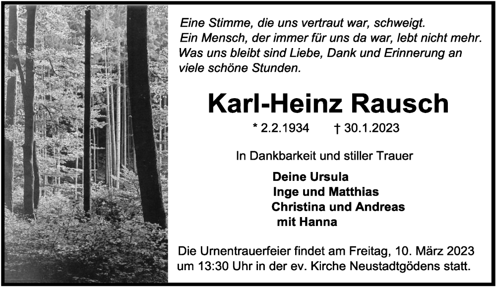  Traueranzeige für Karl-Heinz Rausch vom 18.02.2023 aus Gelnhäuser Neue Zeitung