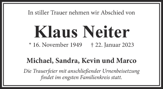 Traueranzeige von Klaus Neiter von Gelnhäuser Neue Zeitung