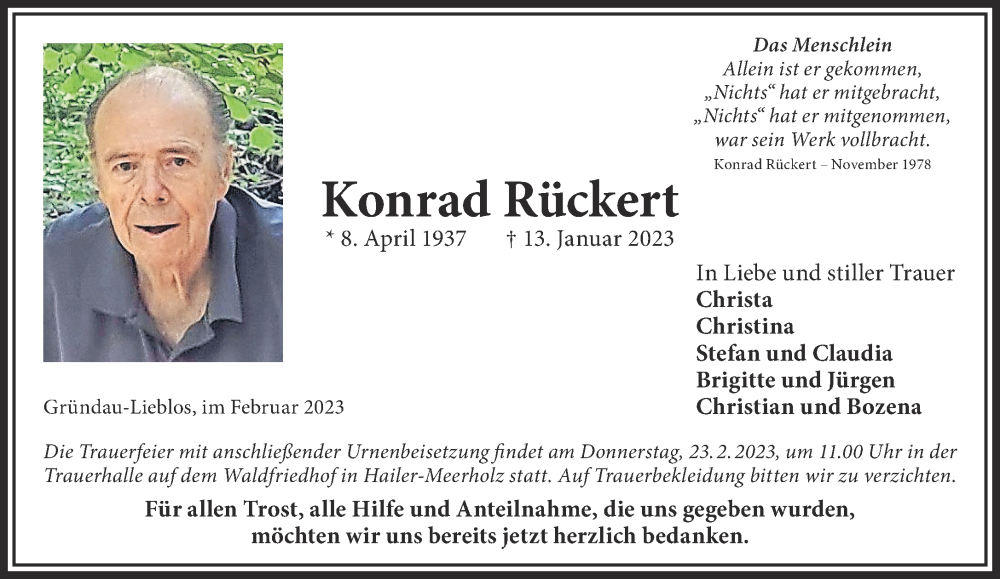  Traueranzeige für Konrad Rückert vom 04.02.2023 aus Gelnhäuser Neue Zeitung