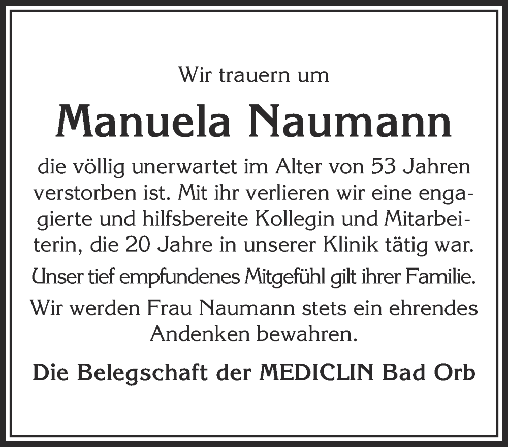  Traueranzeige für Manuela Naumann vom 18.02.2023 aus Gelnhäuser Neue Zeitung