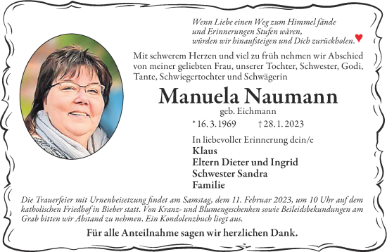 Traueranzeige von Manuela Naumann von Gelnhäuser Neue Zeitung