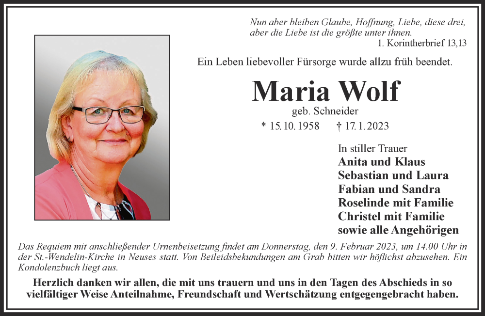  Traueranzeige für Maria Wolf vom 04.02.2023 aus Gelnhäuser Neue Zeitung