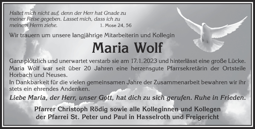  Traueranzeige für Maria Wolf vom 04.02.2023 aus Gelnhäuser Neue Zeitung