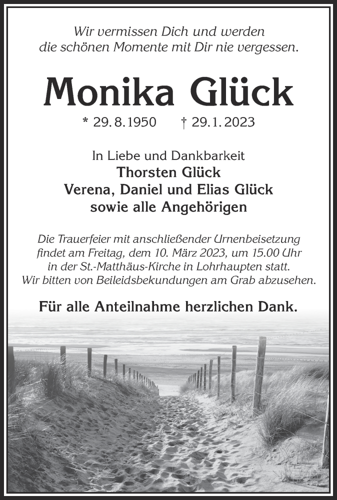  Traueranzeige für Monika Glück vom 11.02.2023 aus Gelnhäuser Neue Zeitung