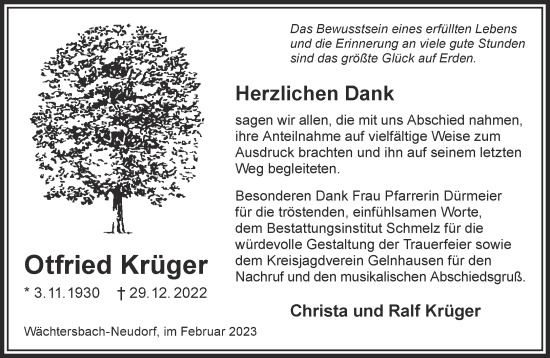 Traueranzeige von Otfried Krüger von Gelnhäuser Neue Zeitung