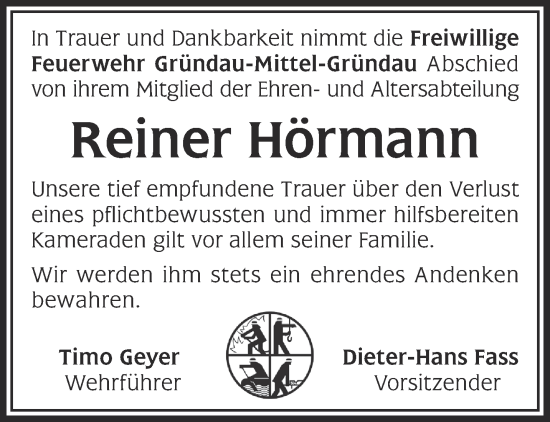 Traueranzeige von Reiner Hörmann von Gelnhäuser Neue Zeitung