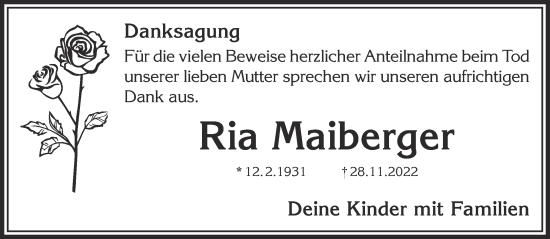 Traueranzeige von Ria Maiberger von Gelnhäuser Neue Zeitung