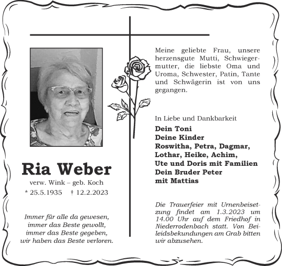 Traueranzeige von Ria Weber von Gelnhäuser Neue Zeitung