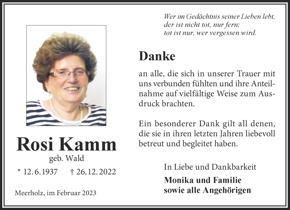  Traueranzeige für Rosi Kamm vom 18.02.2023 aus Gelnhäuser Neue Zeitung