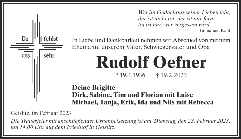  Traueranzeige für Rudolf Oefner vom 25.02.2023 aus Mittelhessen-Bote