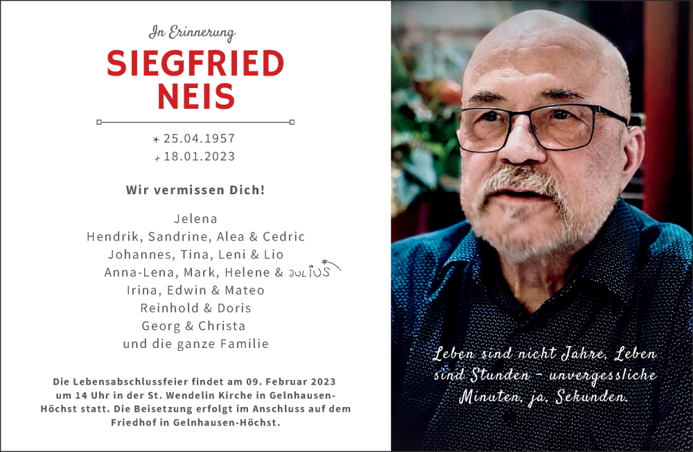  Traueranzeige für Siegfried Neis vom 04.02.2023 aus Mittelhessen-Bote
