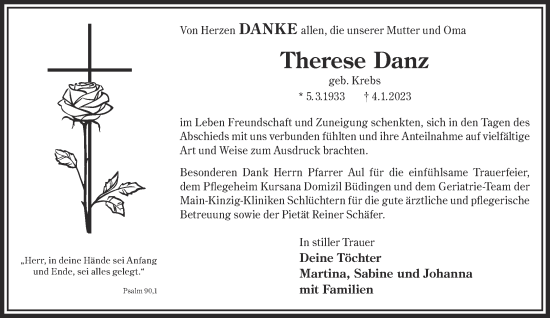 Traueranzeige von Therese Danz von Gelnhäuser Neue Zeitung