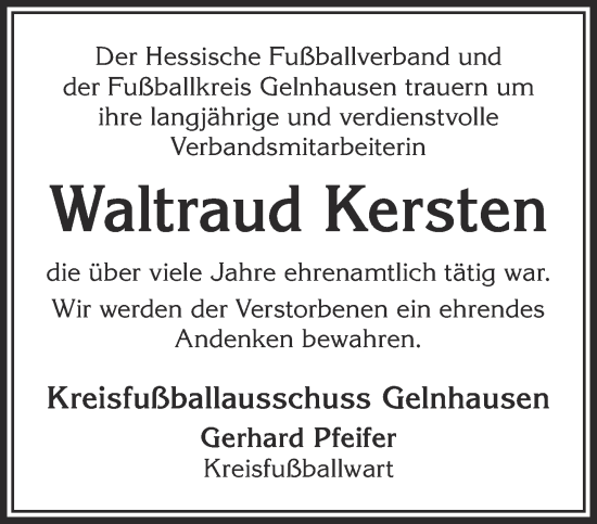 Traueranzeige von Waltraud Kersten von Gelnhäuser Neue Zeitung