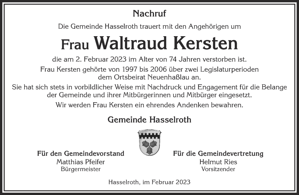  Traueranzeige für Waltraud Kersten vom 25.02.2023 aus Gelnhäuser Neue Zeitung