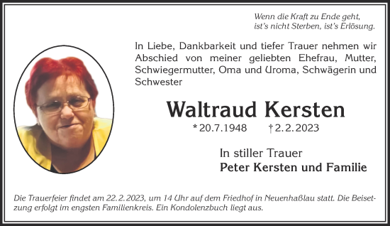 Traueranzeige von Waltraud Kersten von Gelnhäuser Neue Zeitung