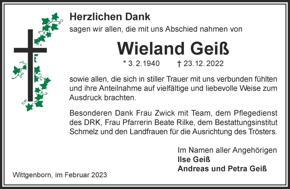  Traueranzeige für Wieland Geiß vom 11.02.2023 aus Gelnhäuser Neue Zeitung