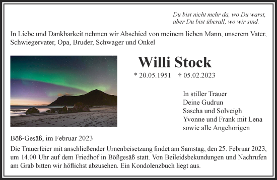 Traueranzeige von Willi Stock von Gelnhäuser Neue Zeitung