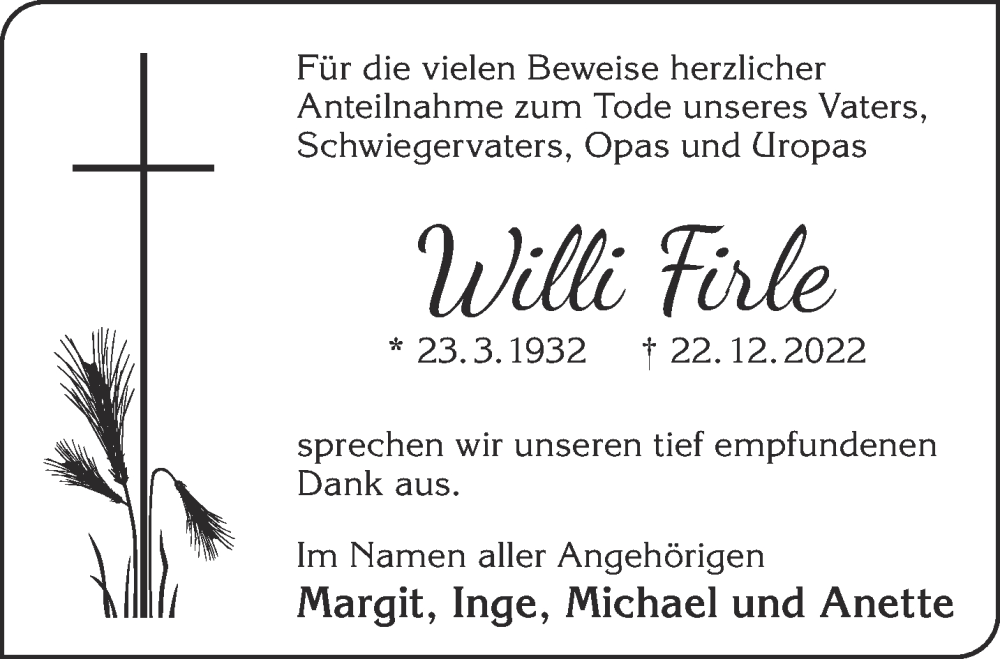  Traueranzeige für Willi Firle  vom 18.02.2023 aus Gelnhäuser Neue Zeitung