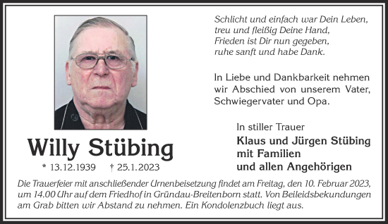 Traueranzeige von Willy Stübing von Gelnhäuser Neue Zeitung