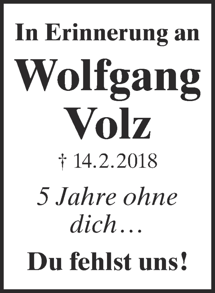  Traueranzeige für Wolfgang Volz vom 18.02.2023 aus Mittelhessen-Bote