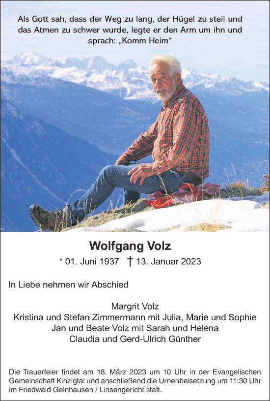Traueranzeige von Wolfgang Volz von Gelnhäuser Neue Zeitung