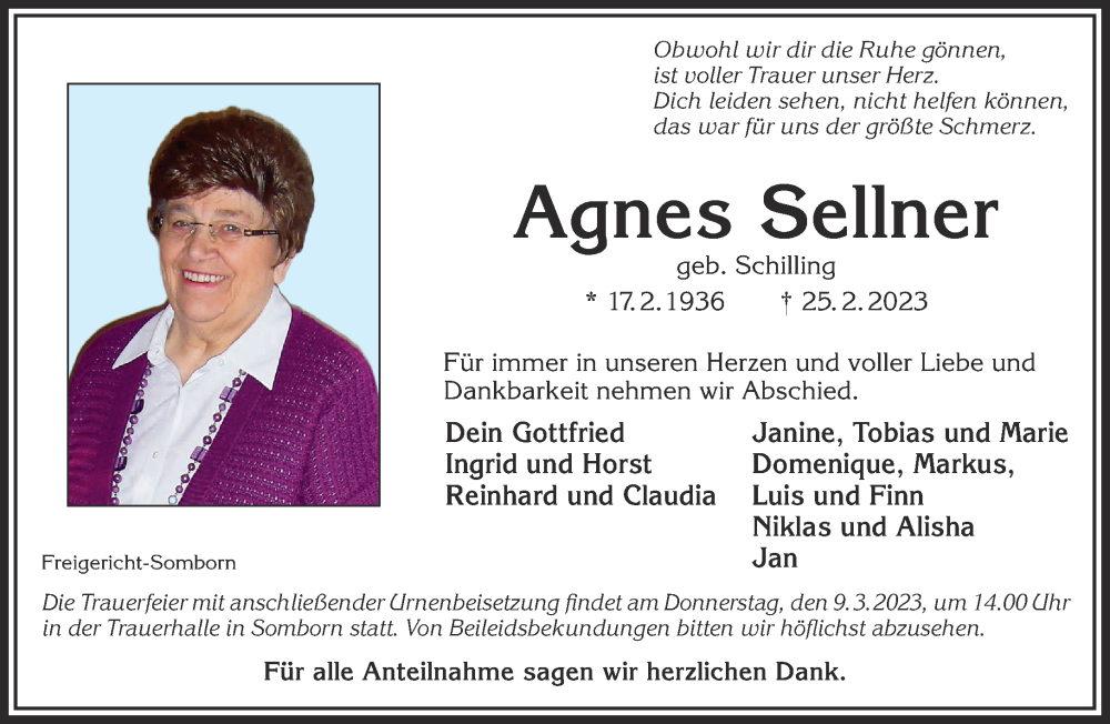  Traueranzeige für Agnes Sellner vom 04.03.2023 aus Mittelhessen-Bote