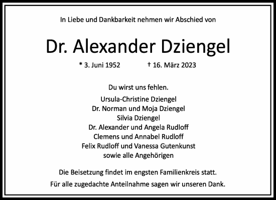 Traueranzeige von Alexander Dziengel von Gelnhäuser Neue Zeitung